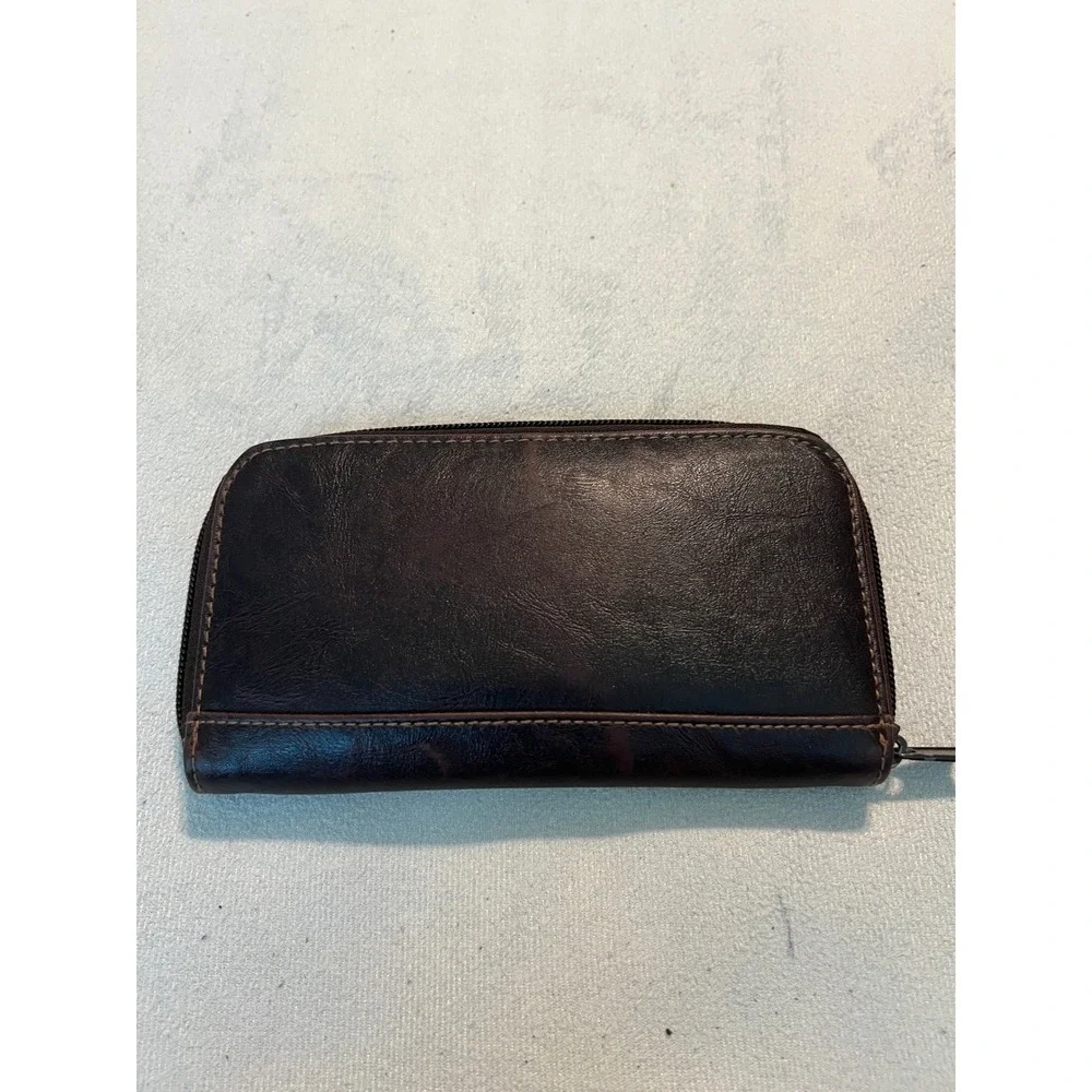 Unisex Dark Brown Faux Leather Zip Around Long Wallet with ID Window
